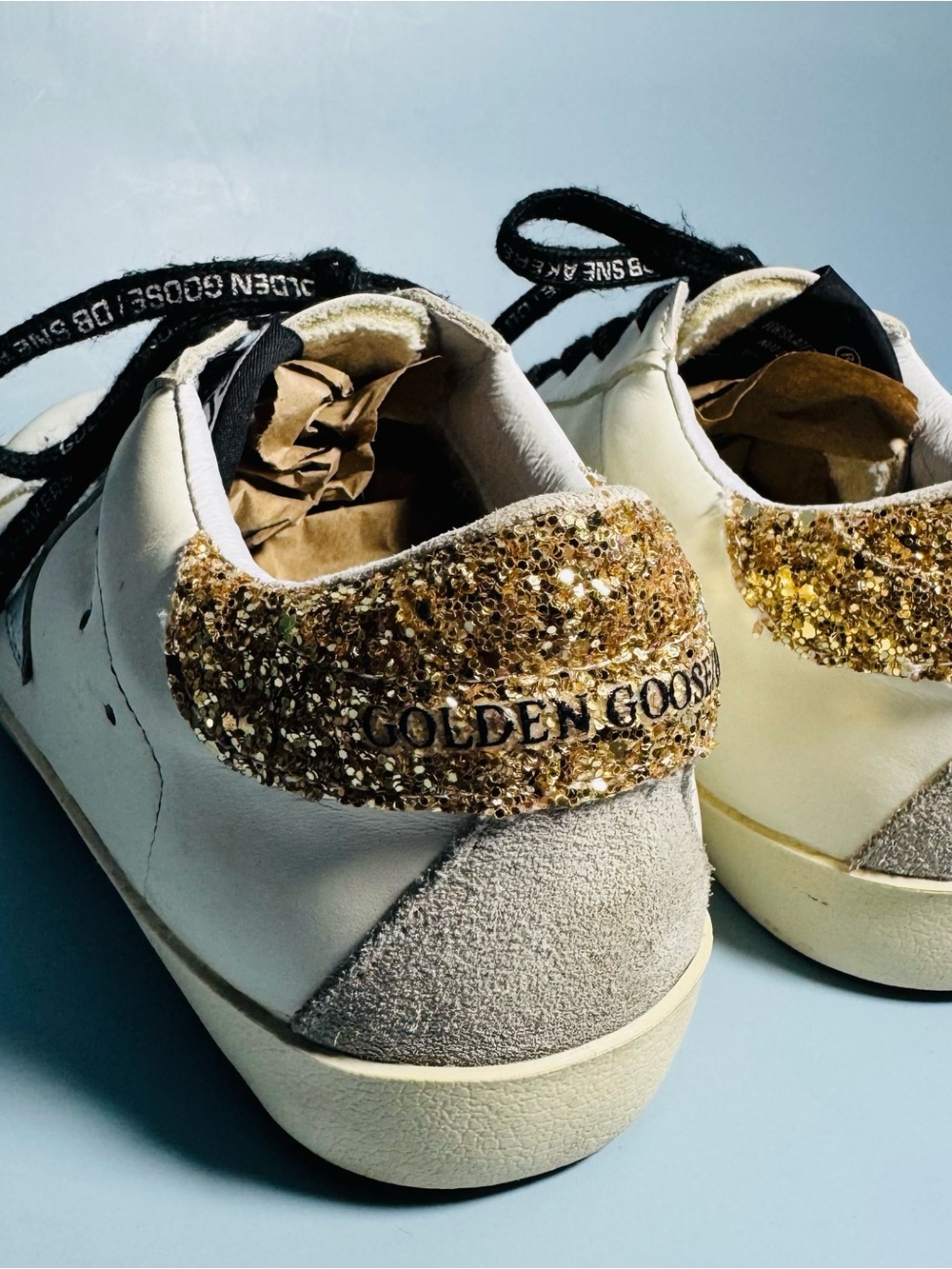 Golden Goose White Leather Sneakers with Silver Star and Gold Glitter Heel SZ 8* - Picture 5 of 13